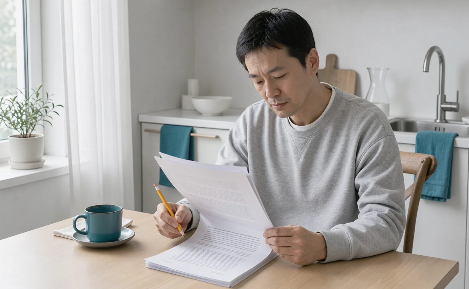 An adult reads a long printed article closely at a kitchen table, pencil in hand.
