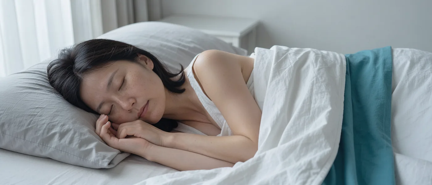 An adult asleep on their side in white bedding at dawn