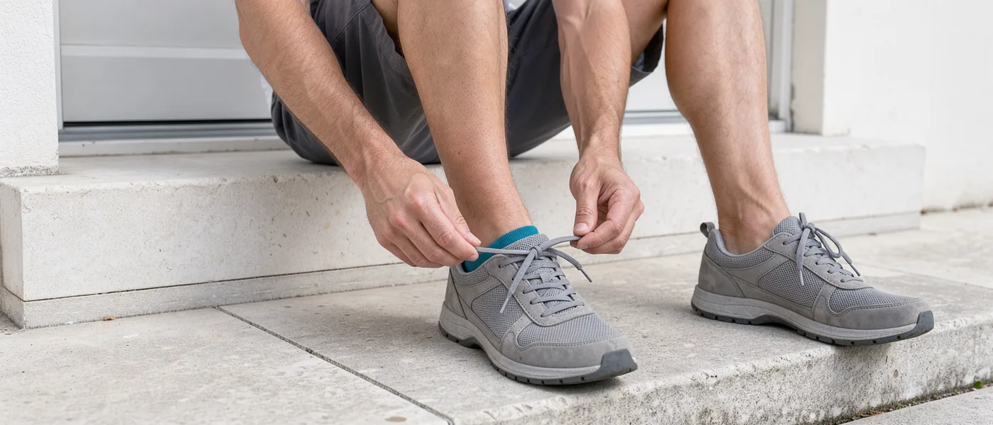 An adult tying a walking shoe on a doorstep, with one bare knee bent