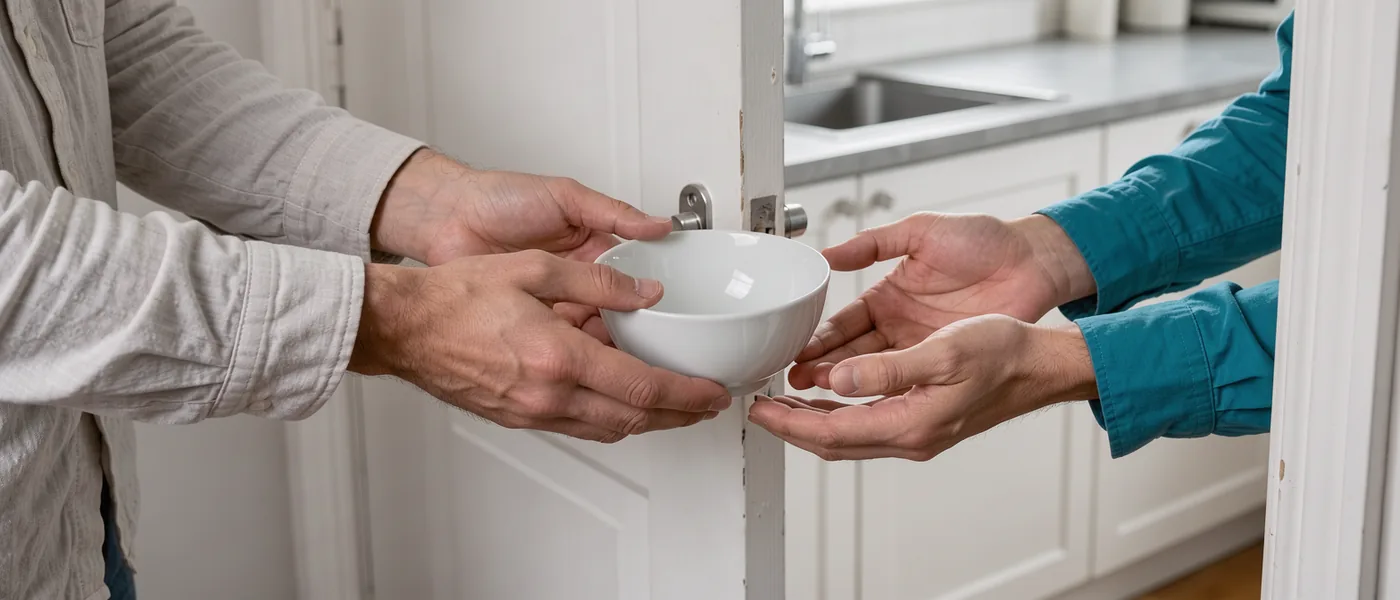 Hands passing a white bowl through a partly open kitchen doorway