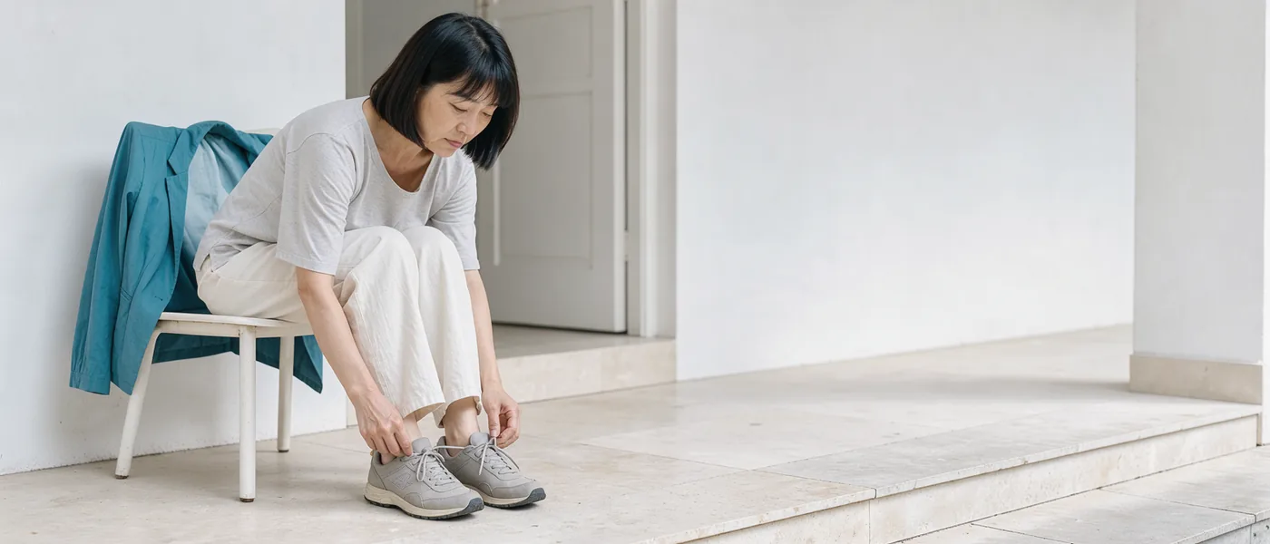An adult loosening a walking shoe while resting on a shaded porch