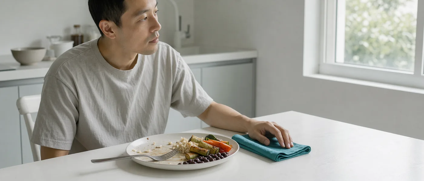 An adult pausing over a partly eaten lunch at a bright kitchen table